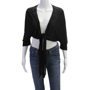 DKNY Womens Linen Knit Short Sleeve Cropped Wrap Sweater Black Size S